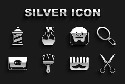 Set Shaving brush, Hand mirror, Scissors hairdresser, Hairbrush, Blade razor Stock Illustration