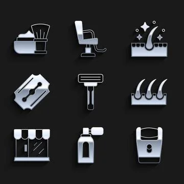 Set Shaving razor, Aftershave with atomizer, Electric blade, Human hair follicle Stock Illustration