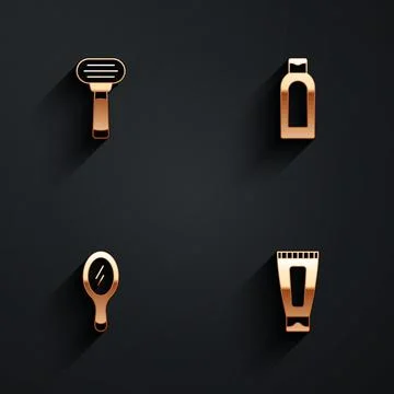 Set Shaving razor, Bottle of shampoo, Hand mirror and Cream lotion cosmetic tube Illustration