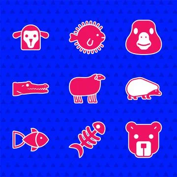 Set Sheep, Fish skeleton, Bear head, Hedgehog, Crocodile, Goose bird and icon Stock Illustration