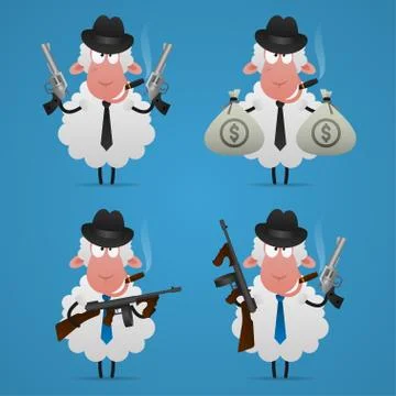 Set sheep gangster in different poses Stock Illustration