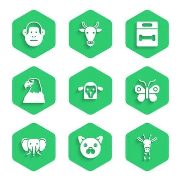 Set Sheep head, Cat, Giraffe, Butterfly, Elephant, Eagle, Dog bone and Monkey Stock Illustration