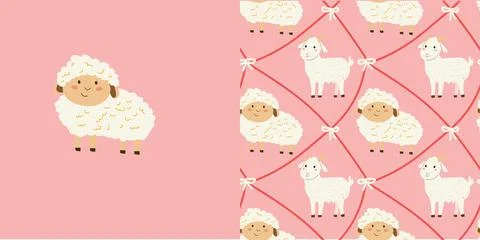 Set of sheep print and pink seamless pattern with bows and diagonal grid. Stock Illustration