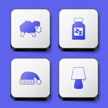 Set Sheep, Sleeping pill, hat and Table lamp icon. White square button. Vector Stock Illustration