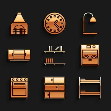 Set Shelf with books, Bunk bed, Kitchen dishwasher machine, Oven, TV table stand Stock Illustration
