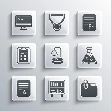 Set Shelf with books, Document folder clip, Test tube and flask, Table lamp Stockillustratie