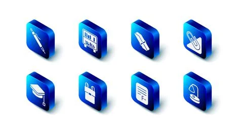 Set Shelf with books, Eraser or rubber, Paper clip, Table lamp, Exam paper Stock Illustration