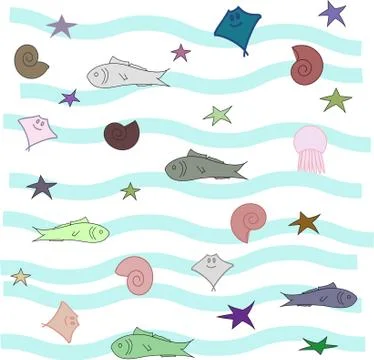 Set of shell, fish, starfish Stock Illustration