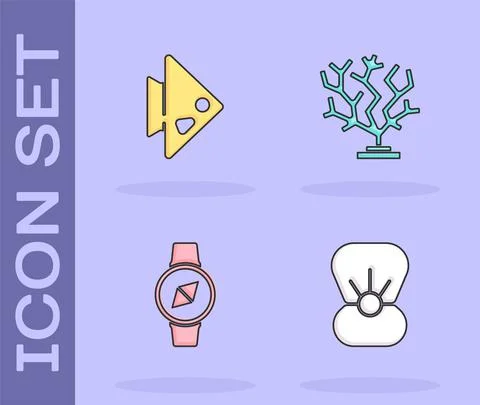 Set Shell with pearl, Fish, Compass and Coral icon. Vector Stock Illustration