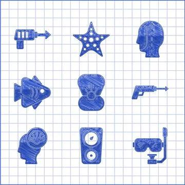 Set Shell with pearl, Gauge scale, Diving mask and snorkel, Fishing harpoon Illustrazione stock