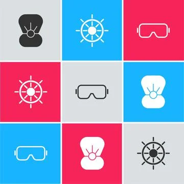 Set Shell with pearl, Ship steering wheel and Diving mask icon. Vector Illustrazione stock