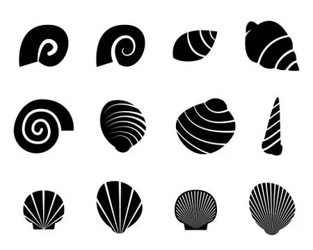 Set of shell in silhouette tattoo style Stock Illustration