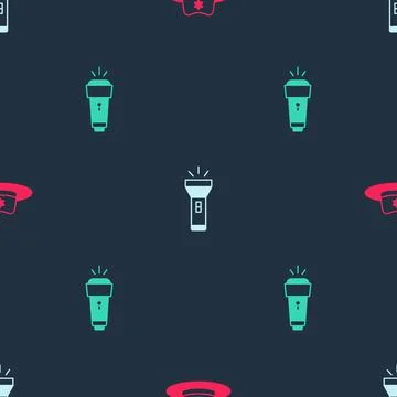 Set Sheriff hat with badge, Flashlight and on seamless pattern. Vector Stock Illustration