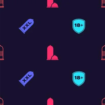 Set Shield with 18 plus, Condom safe sex, Condoms and on seamless pattern Stock Illustration