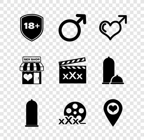Set Shield with 18 plus, Male gender symbol, and heart, Condom safe sex, Film Stock Illustration
