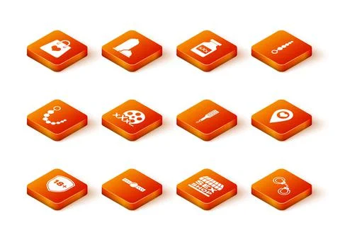 Set Shield with 18 plus, Silicone ball gag, Anal beads, Film reel Sex, shop Stock Illustration