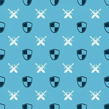 Set Shield and Crossed medieval sword on seamless pattern. Vector Illustrazione stock