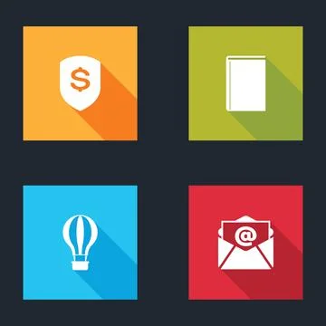 Set Shield and dollar, Book, Hot air balloon and Mail e-mail icon. Vector Stock Illustration