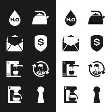 Set Shield and dollar, Mail e-mail, Water drop with H2O, Kettle handle, Coffee Illustration