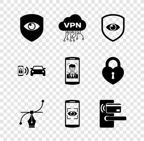 Set Shield and eye, Cloud VPN interface, , Bezier curve, Mobile scan and Digital Stock Illustration