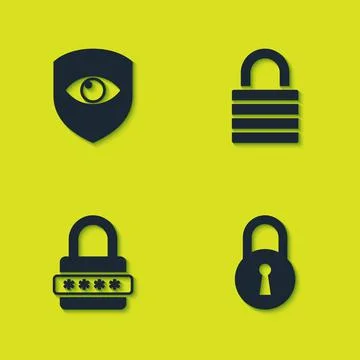 Set Shield and eye, Lock, Password protection and icon. Vector Stock Illustration