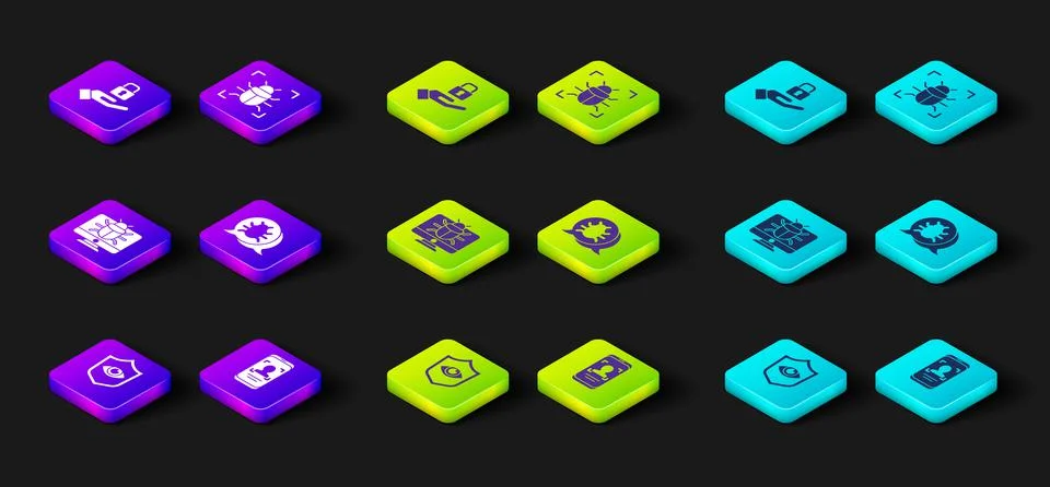 Set Shield and eye, Mobile face recognition, System bug monitor, and Lock in Stock-Illustration