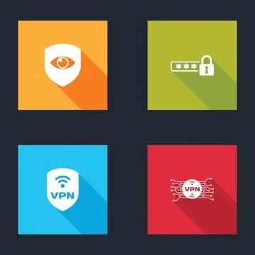 Set Shield and eye, Password protection, with VPN wireless and microchip circuit Stockillustratie