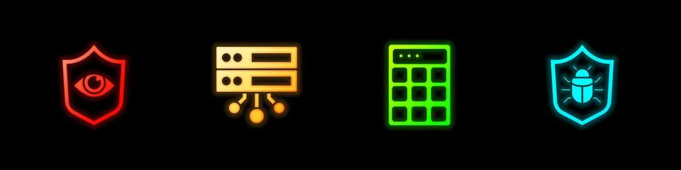Set Shield and eye, Server, Data, Web Hosting, Password protection and System Stock Illustration