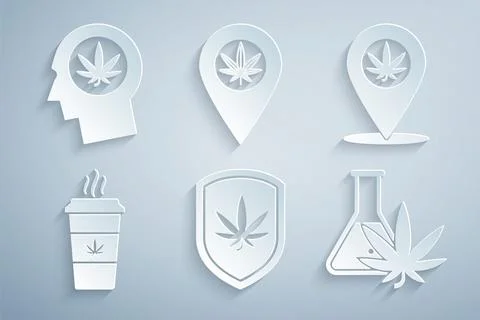 Set Shield and marijuana, Location, Cup coffee with, Test tube, and Head in Ilustración de archivo