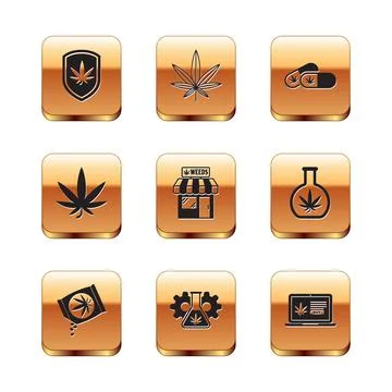 Set Shield and marijuana, Marijuana or cannabis seeds, Test tube with, store Ilustración de archivo