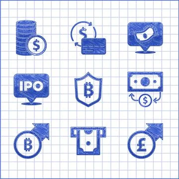 Set Shield with bitcoin, ATM and money, Financial growth pound, Stacks paper Illustrazione stock