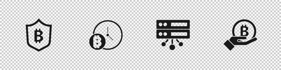 Set Shield with bitcoin, Bitcoin clock, Server and Hand holding icon. Vector Illustrazione stock