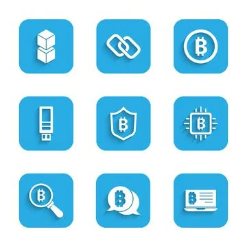 Set Shield with bitcoin, Bitcoin, Mining from laptop, CPU mining farm Stock Illustration