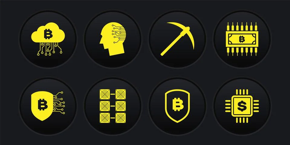 Set Shield with bitcoin, Cryptocurrency circuit, Mining farm, , Pickaxe and B Stock Illustration