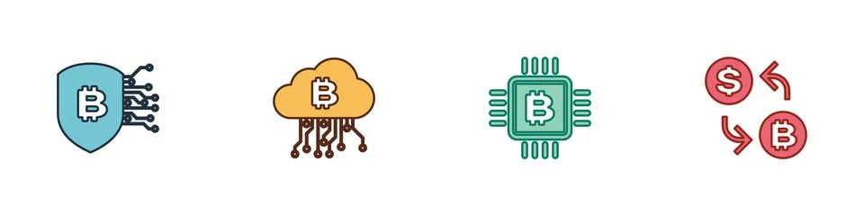 Set Shield with bitcoin, Cryptocurrency cloud mining, CPU farm and exchange icon 스톡 일러스트