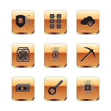 Set Shield with bitcoin, Cryptocurrency, key, circuit, ASIC Miner and cloud 스톡 일러스트