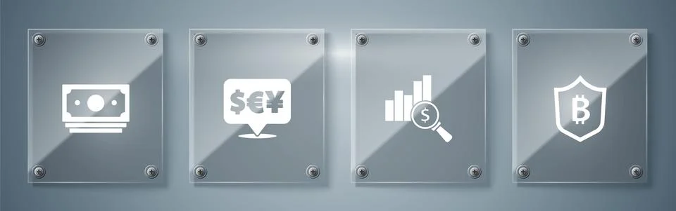 Set Shield with bitcoin, Pie chart and dollar, Currency exchange and Stacks イラスト素材