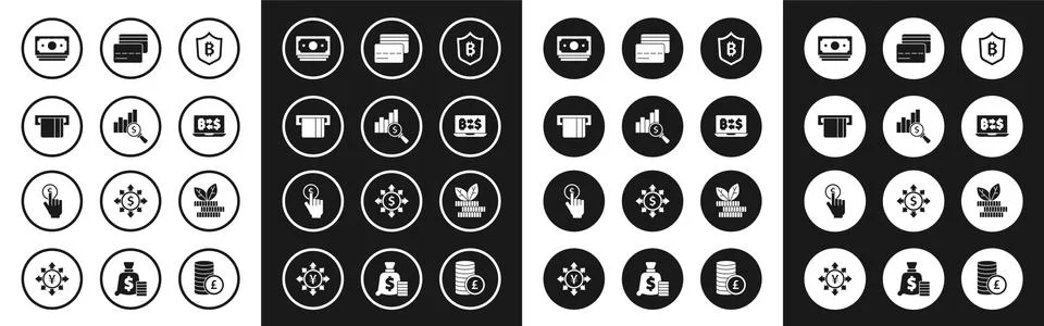 Set Shield with bitcoin, Pie chart and dollar, Credit card inserted, Stacks Illustrazione stock