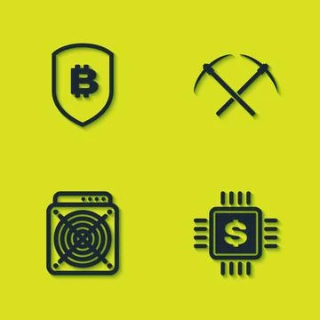 Set Shield with bitcoin, Processor chip dollar, ASIC Miner and Crossed pickax 库存插图