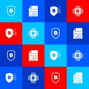 Set Shield with bitcoin, Smart contract, and CPU mining farm icon. Vector 스톡 일러스트