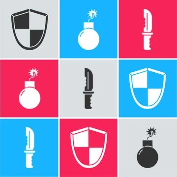 Set Shield, Bomb ready to explode and Military knife icon. Vector Illustrazione stock