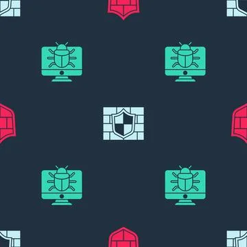 Set Shield with brick wall, and System bug on monitor on seamless pattern 스톡 일러스트