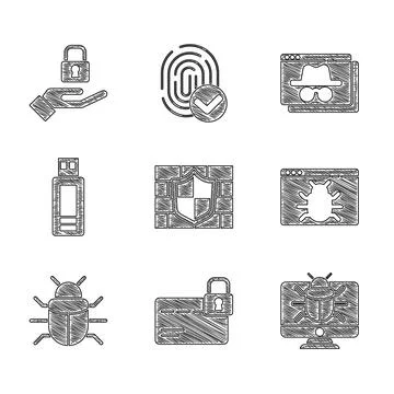 Set Shield with brick wall, Credit card lock, System bug on monitor, USB fl.. 스톡 일러스트