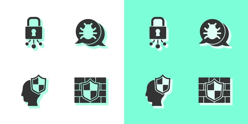Set Shield with brick wall, Cyber security, Head shield and System bug icon Stock Illustration