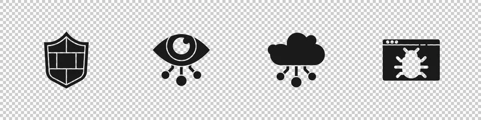 Set Shield with brick wall, Eye scan, Internet of things and System bug icon Stock-Illustration
