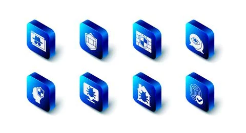 Set Shield with brick wall, Eye scan, Fingerprint, House system bug, System Ilustración de archivo