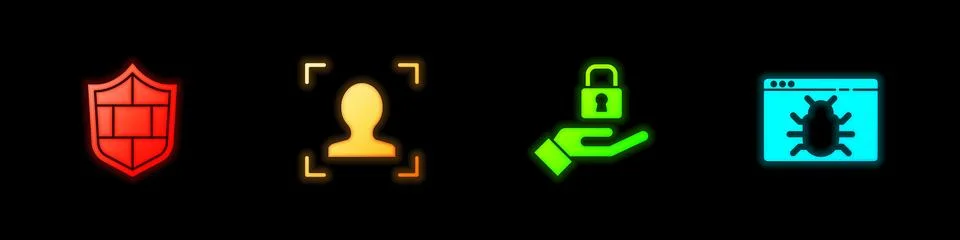 Set Shield with brick wall, Face recognition, Lock in hand and System bug icon 스톡 일러스트