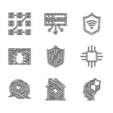 Set Shield with brick wall, House eye scan, Head shield, Processor microcircuits Stock Illustration