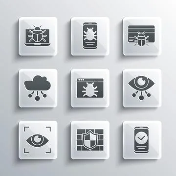 Set Shield with brick wall, Smartphone, Eye scan, System bug, Internet of things Illustrazione stock