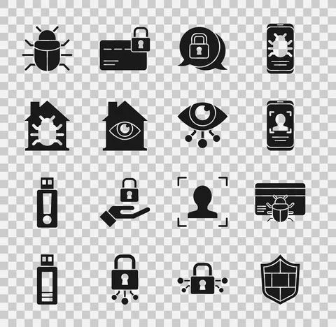 Set Shield with brick wall, System bug in credit card, Mobile and face Stock Illustration